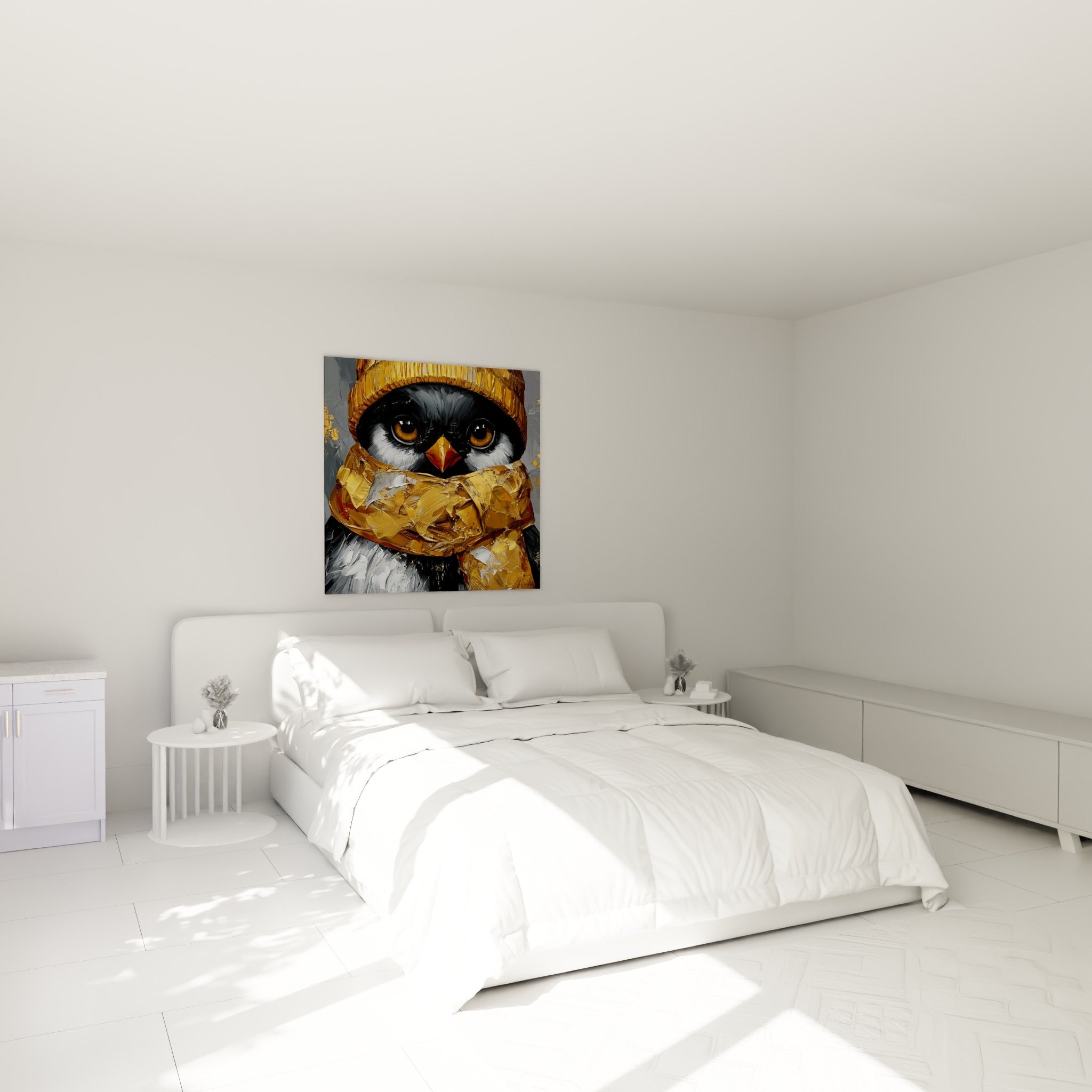Bonnet doré et écharpe texturée habillent ce pingouin gris accroché au-dessus d'un lit dans une chambre claire