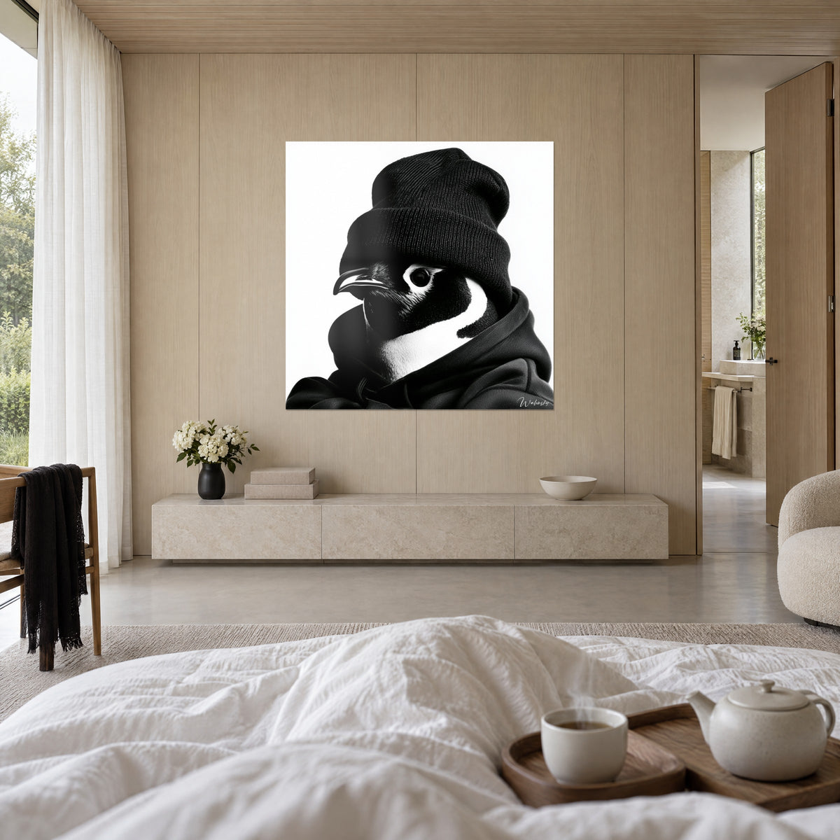 Tableau portrait de pingouin coiffé d'un bonnet noir épais, plumage noir et blanc, capuche, au-dessus d'un lit dans une chambre claire