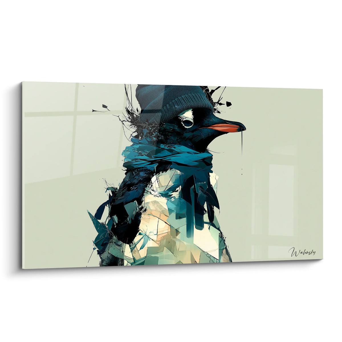 Pingouin au bonnet noir déchiqueté et écharpe bleu pétrole, bec orange, fond gris-vert éclaté