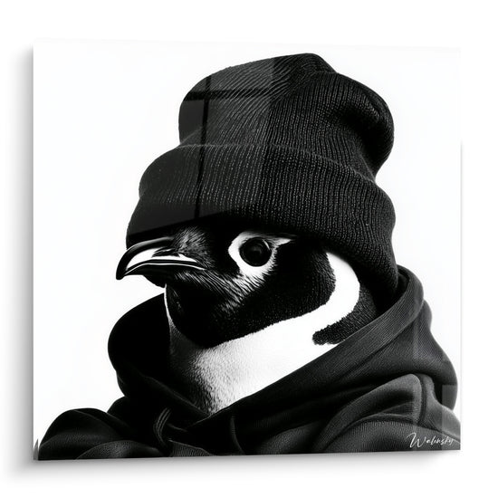 Pingouin noir et blanc coiffé d'un bonnet anthracite et d'une capuche sombre, regard perçant