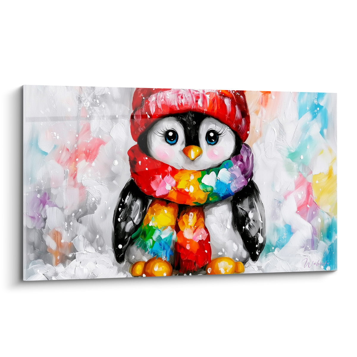 Pingouin en bonnet rouge et écharpe multicolore, yeux bleu pastel, sous une chute de neige