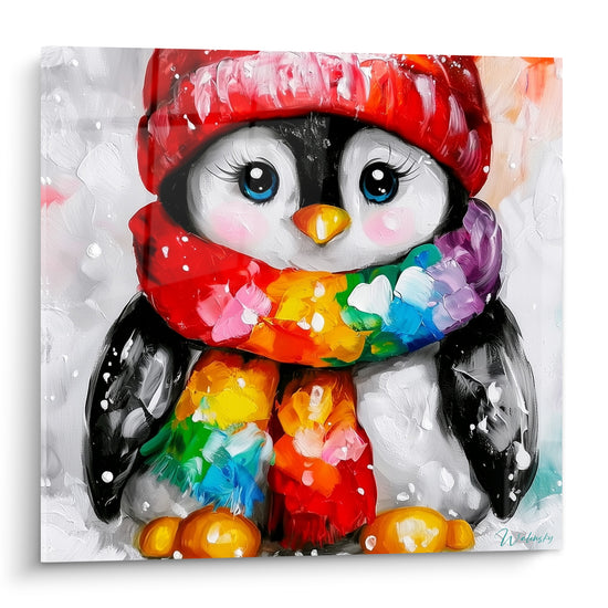 Pingouin au bonnet rouge et écharpe arc-en-ciel, joues roses, sur fond blanc neigeux texturé
