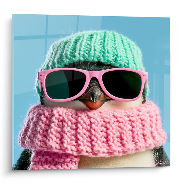 Tableau Pingouin bonnet vert et écharpe rose - Clin d'œil givré - Edition Pingouin