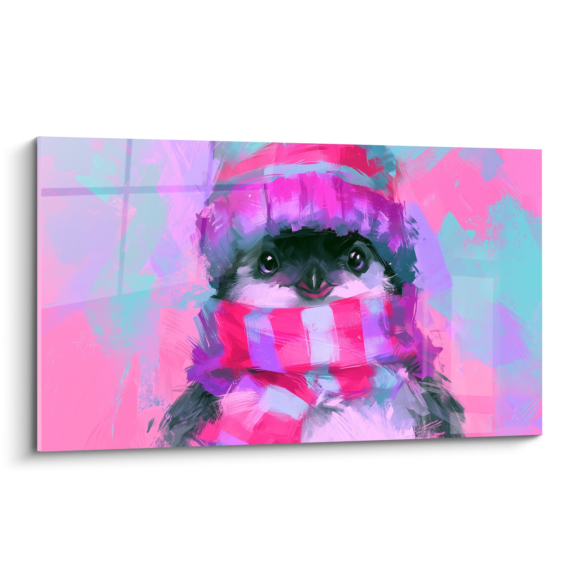 Pingouin au bonnet violet et écharpe rose, fond turquoise et fuchsia, style illustration picturale