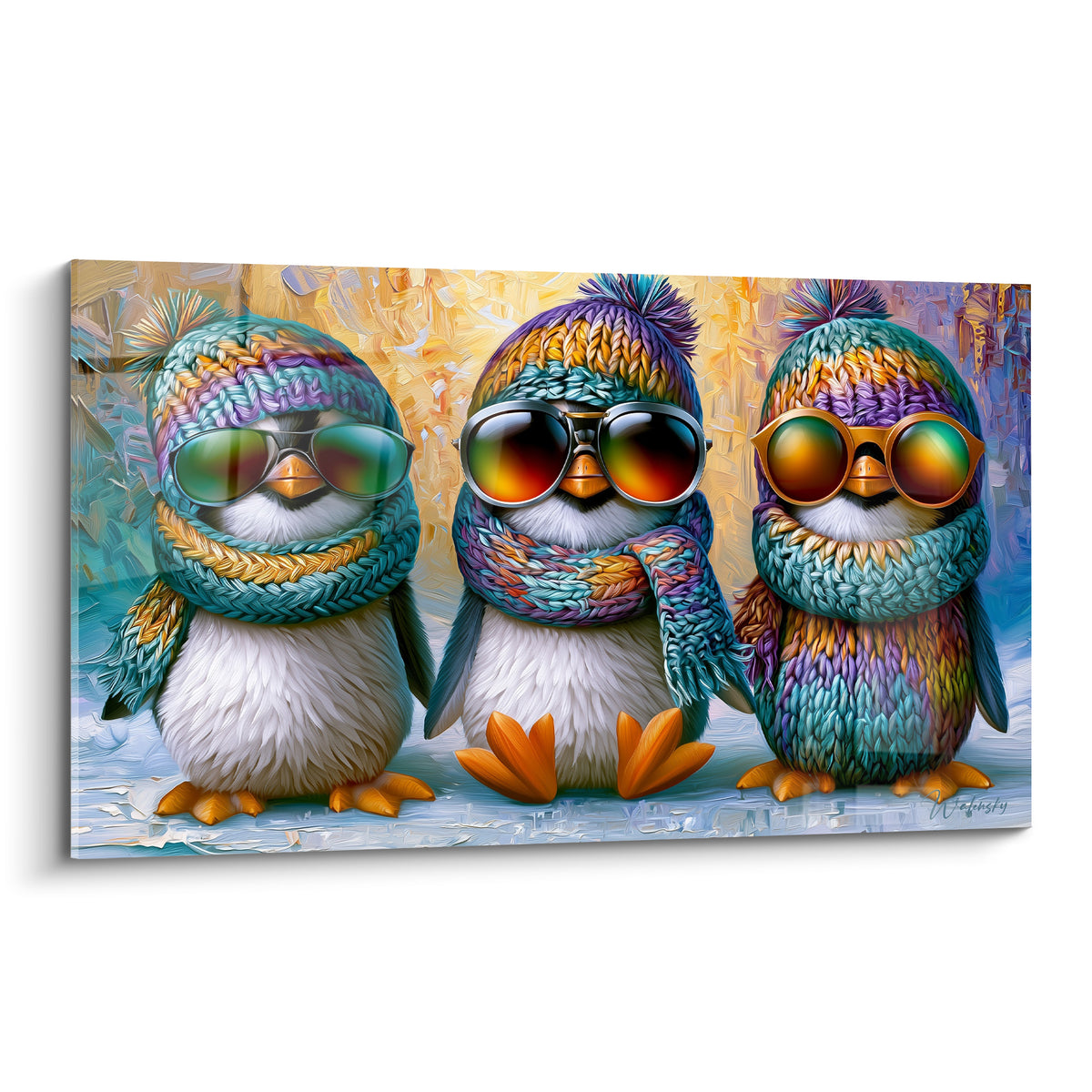 Trois pingouins en bonnets turquoise et violet pastel portent des lunettes rondes colorées
