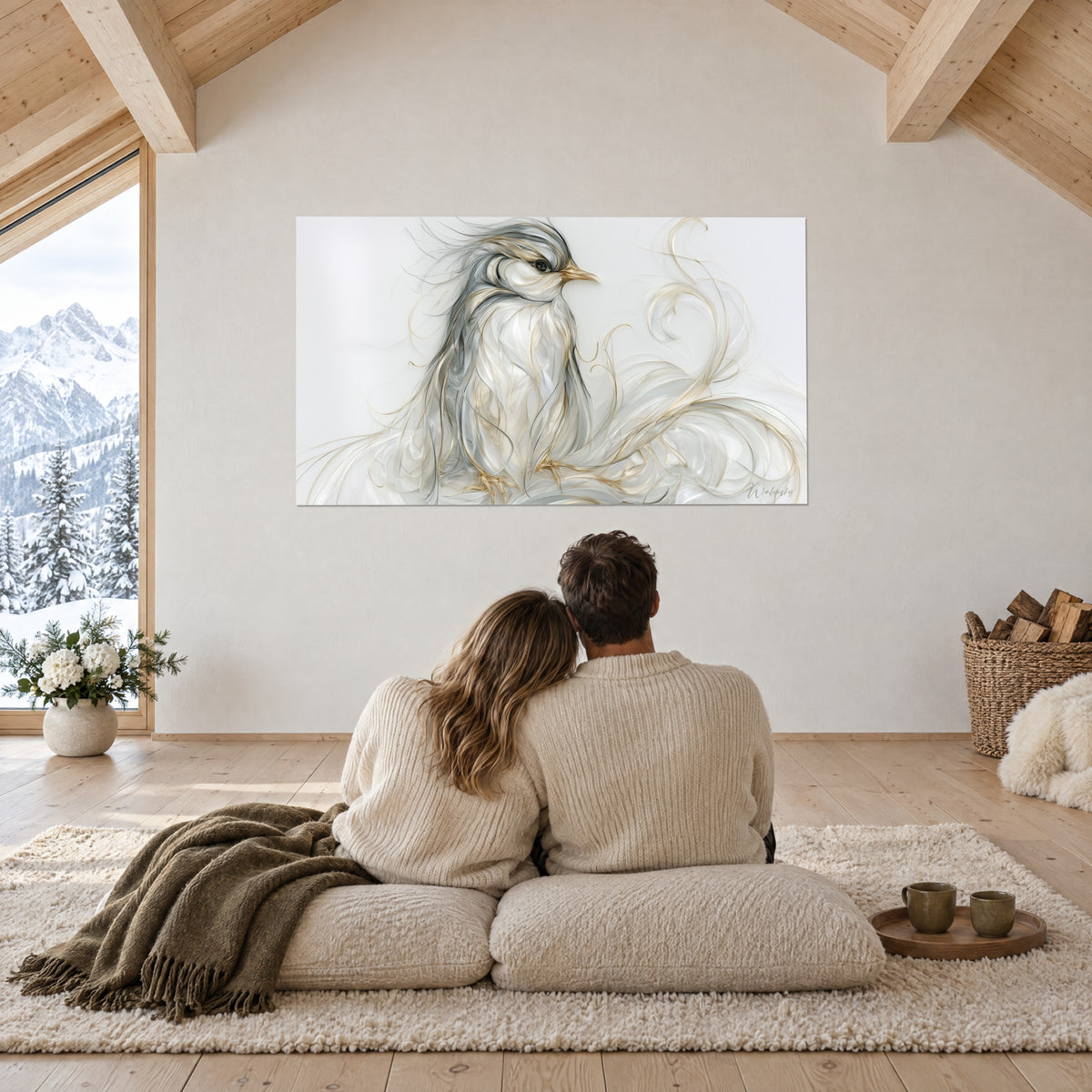 Tableau créature emplumée en spirales grises et or, huppe ébouriffée, un couple de dos enlacé sur des coussins, grande baie sur les montagnes