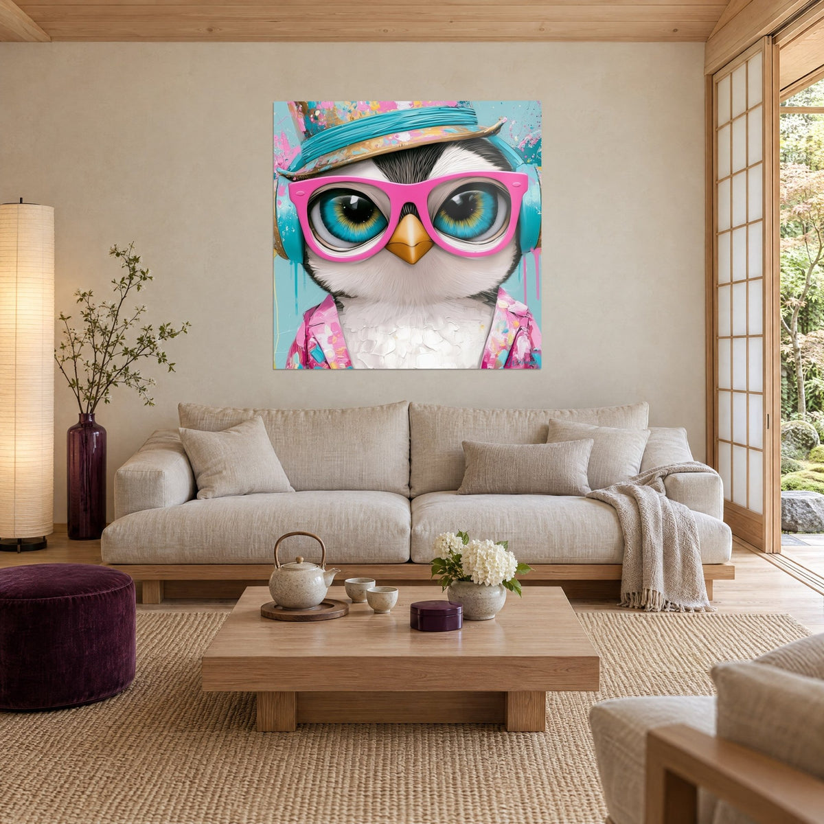 Tableau pingouin espiègle aux lunettes roses et casque turquoise, plumage blanc et bec doré, au-dessus d'un canapé dans un salon lumineux