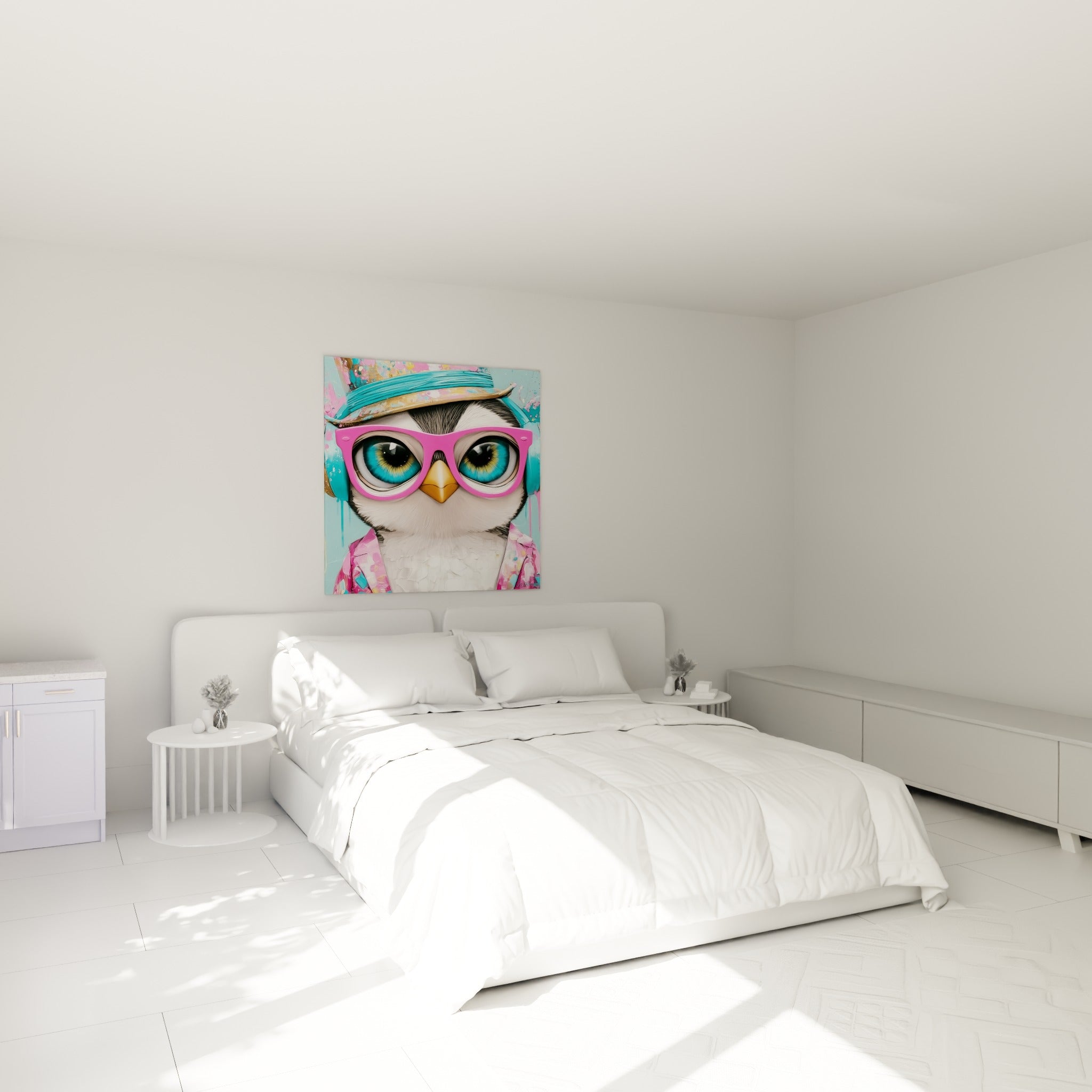 Casque turquoise et veste rose vif sur ce pingouin facétieux, accroché au-dessus d'un lit dans une chambre claire