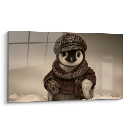 Pingouin en casquette tweed et manteau bordeaux, regard direct sur fond sépia brumeux