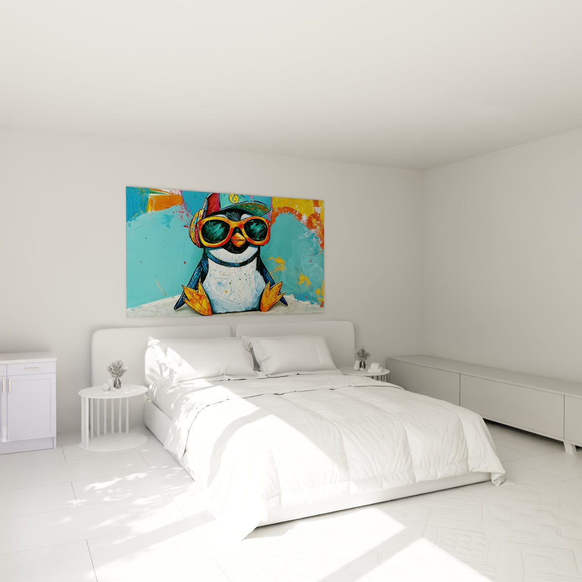 Pingouin coloré à lunettes rondes orange et fond turquoise, accroché au-dessus d'un lit dans une chambre claire