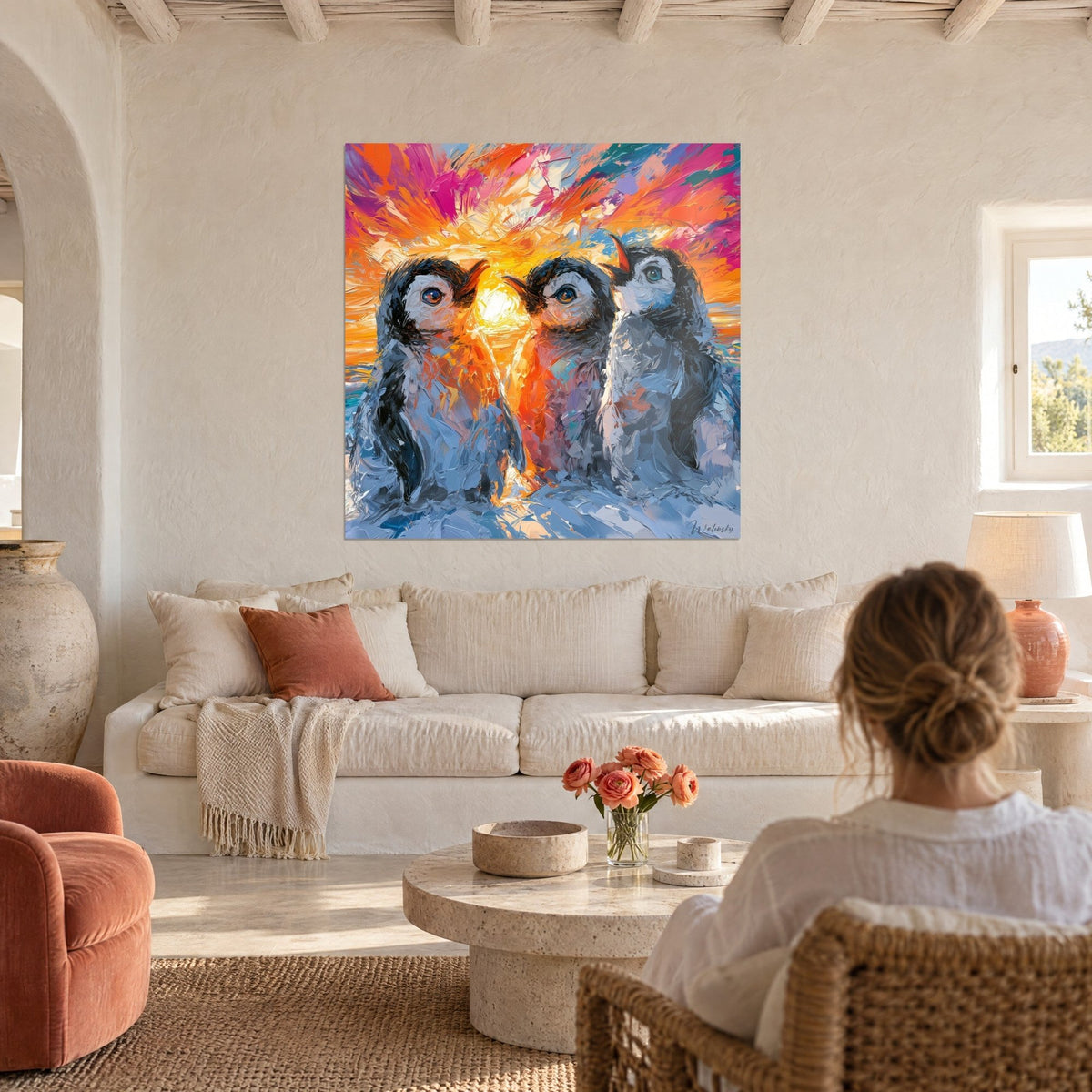 Cuadro tres pingüinos de ojos turquesa y ámbar frente a un sol naranja y rosa, sobre un sofá en un salón luminoso