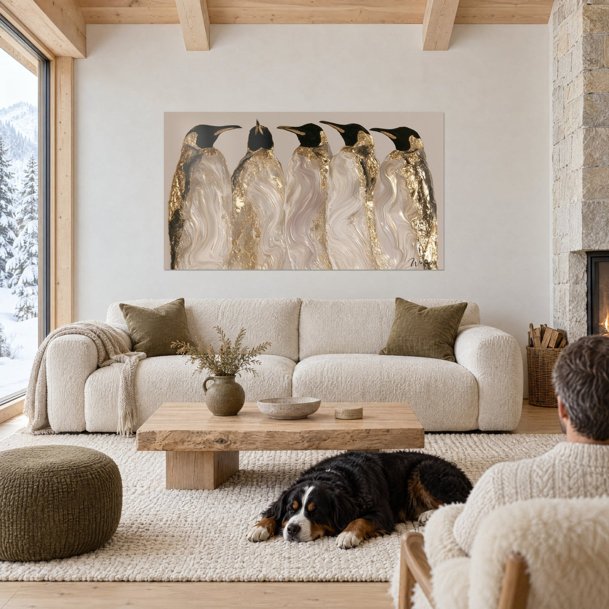 Gemälde fünf Kaiserpinguine mit goldmarmoriertem Gefieder in Elfenbein, ein schwarzer Hund liegt auf einem Sofa in einem hellen Wohnzimmer