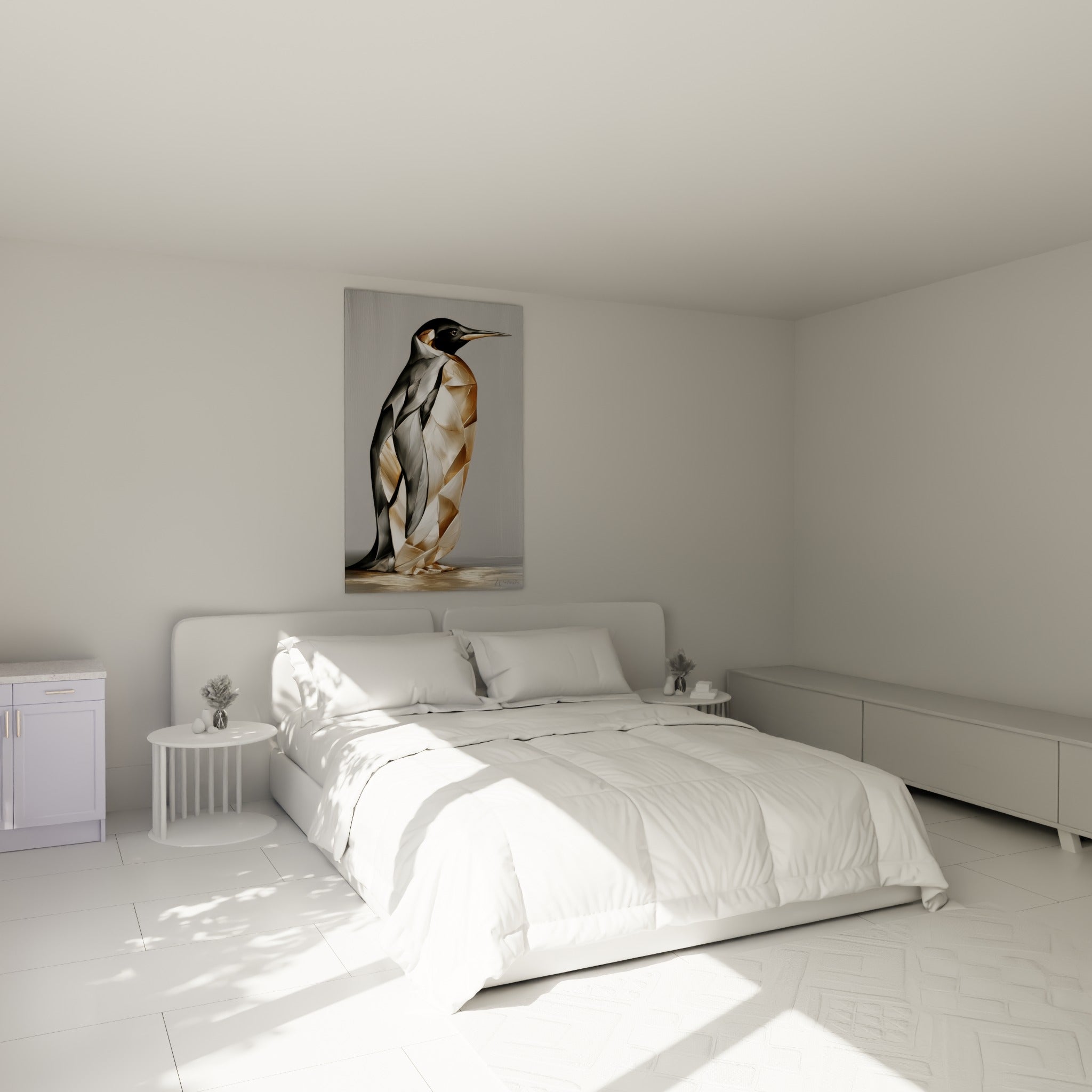 Silhouette de pingouin doré et gris à facettes, accrochée au-dessus d'un lit dans une chambre claire