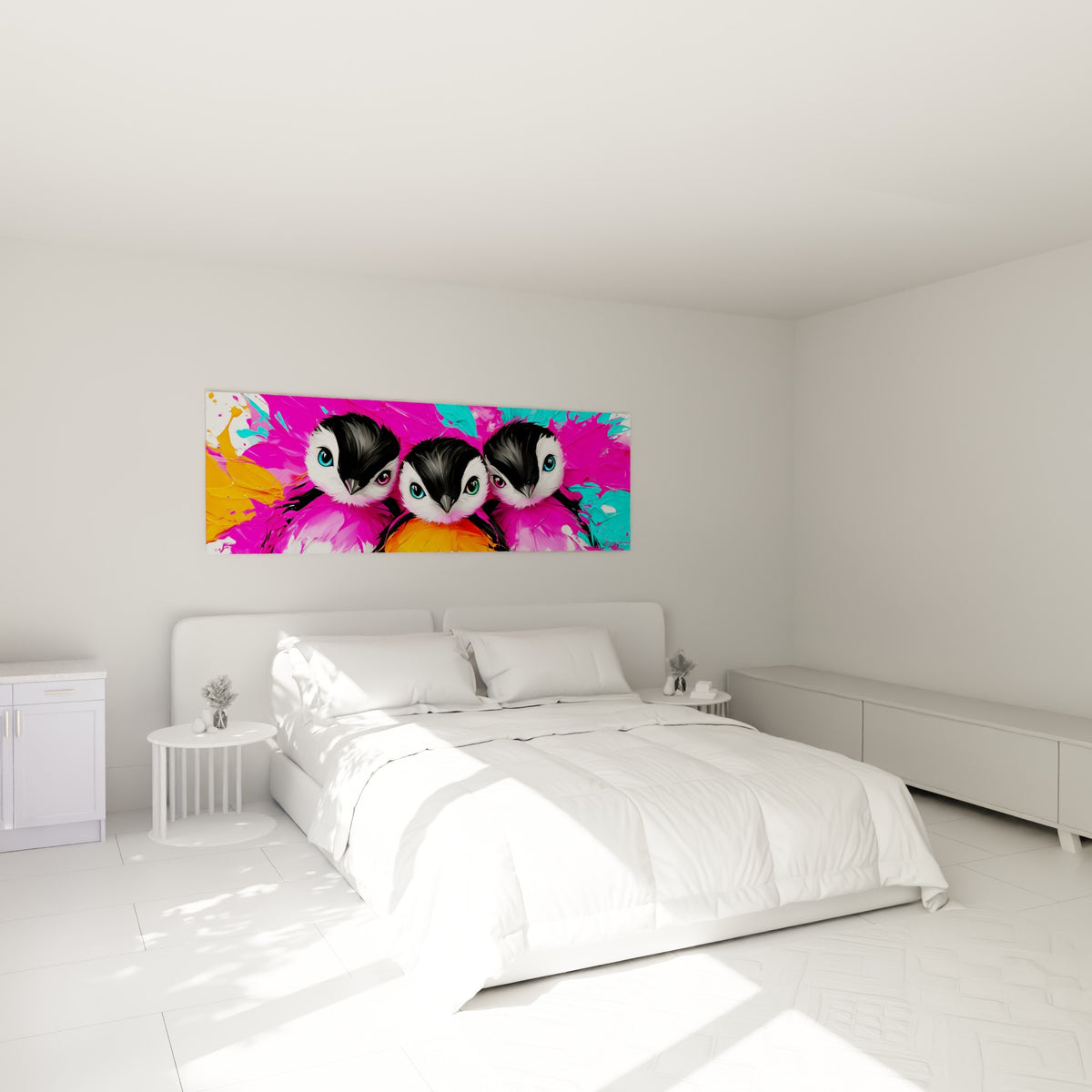 Pingouins colorés aux plumages noir et blanc, fond rose et orange, accrochés au-dessus d'un lit dans une chambre claire.