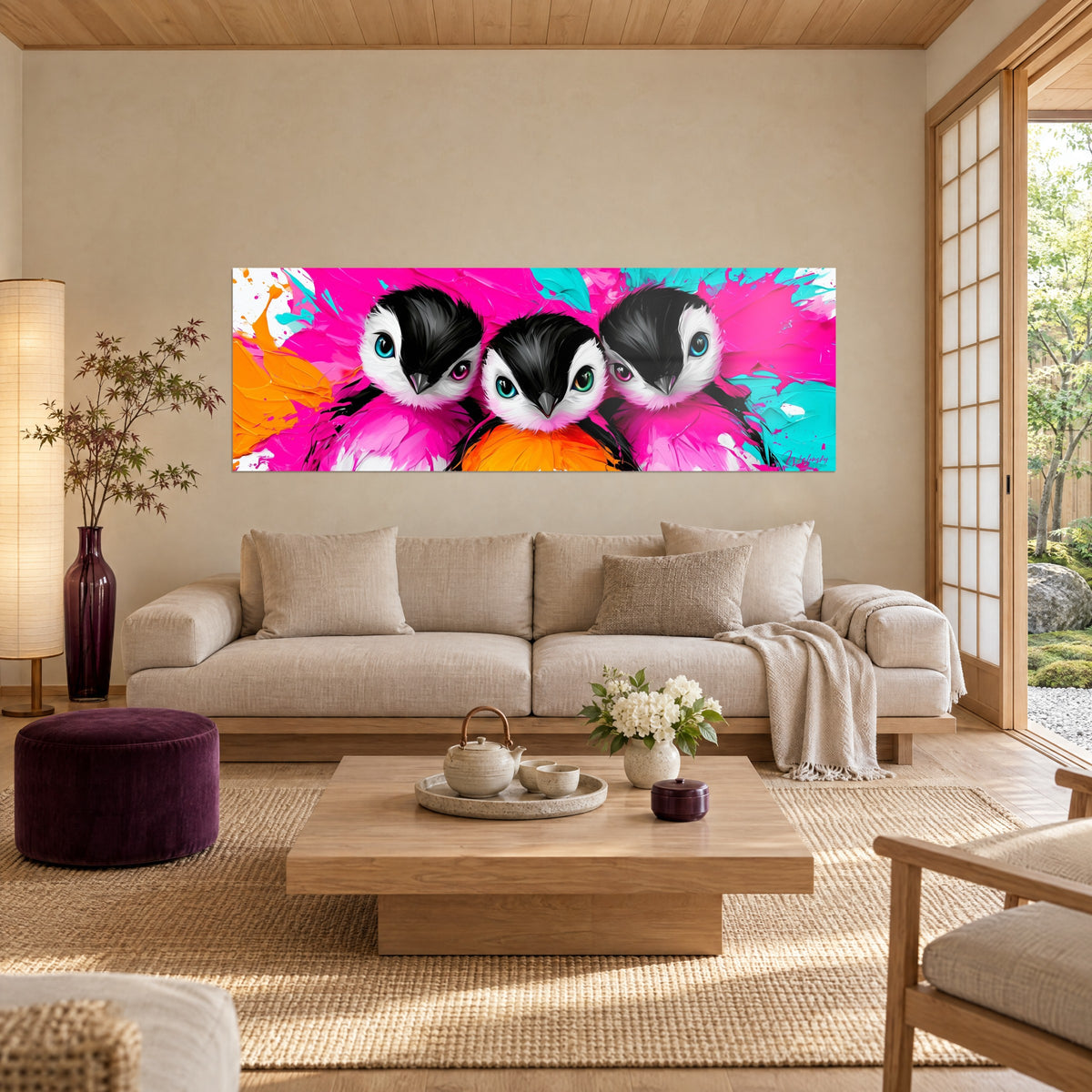 Schilderij trio pinguïns met turquoise ogen op fuchsia en oranje spetters, boven een bank in een lichte woonkamer