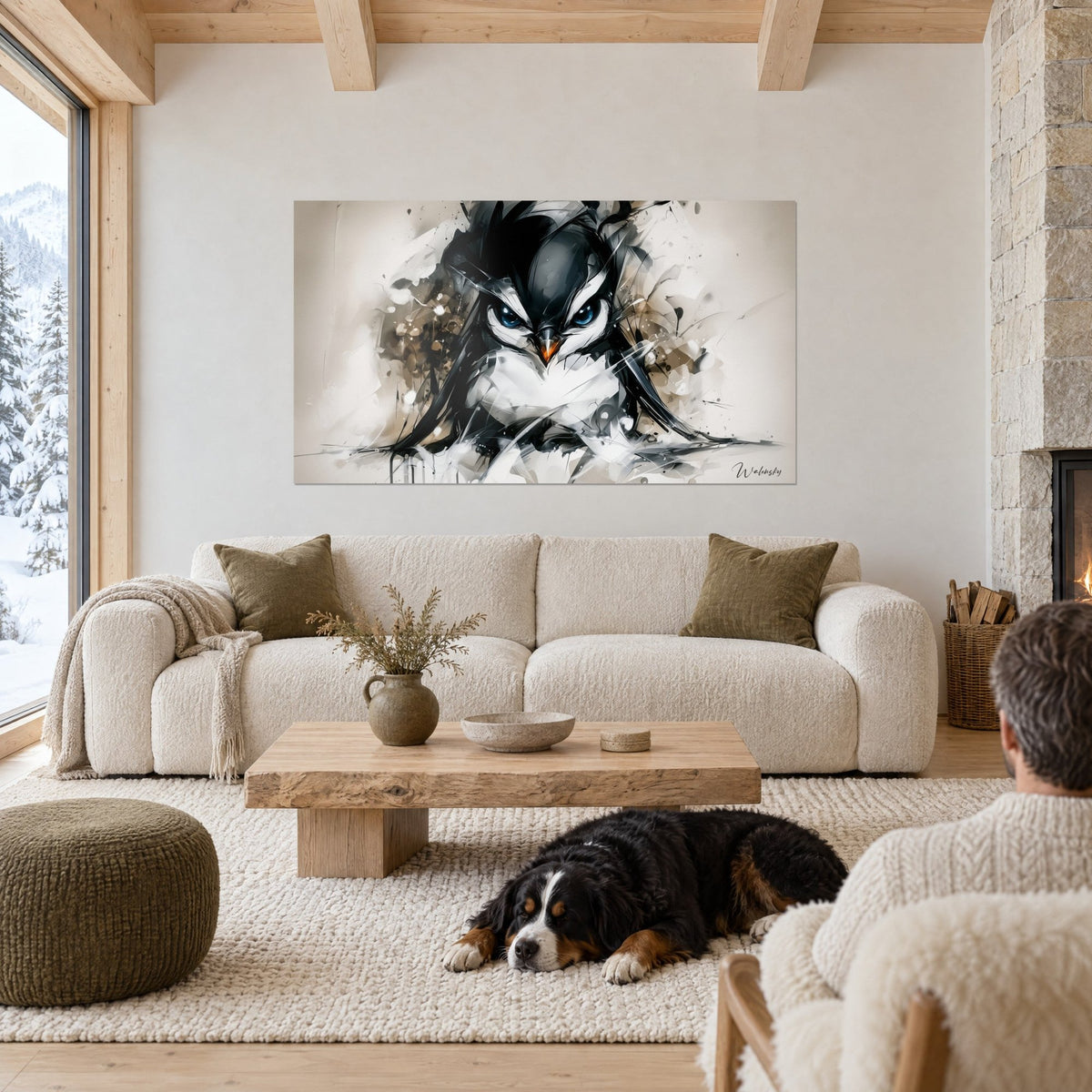 Schilderij pinguïn met doordringende blauwe blik, zwart-wit verenkleed, bruine vlekken, boven een bank in een lichte woonkamer
