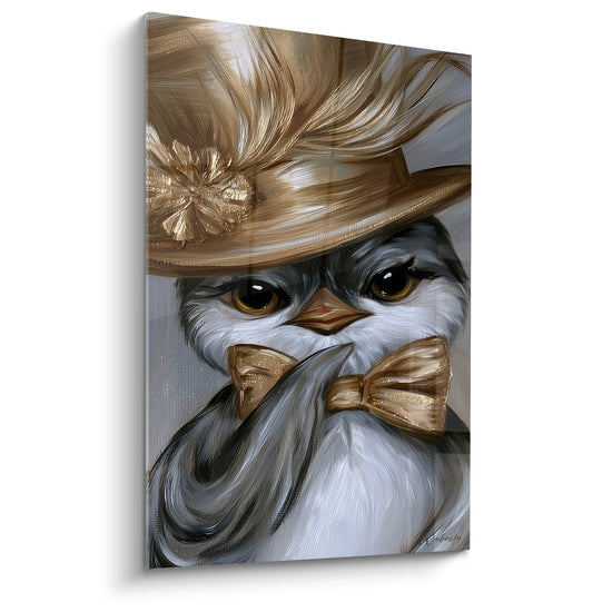 Tableau Pingouin doré et blanc au chapeau à plumes - Nœud papillon assorti - Edition Pingouin