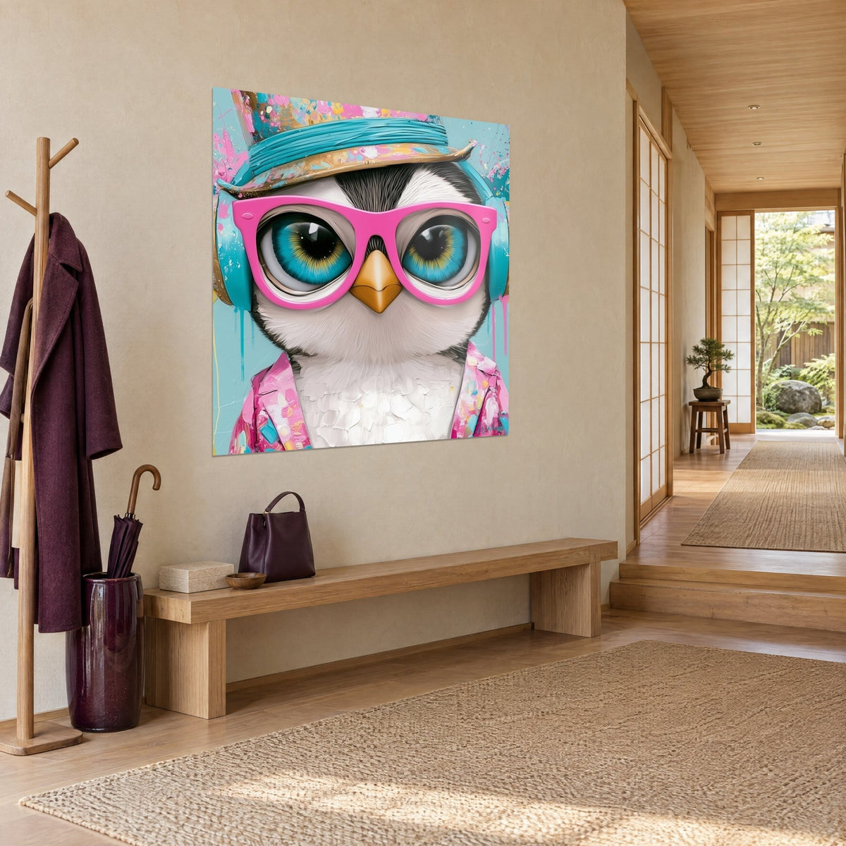 Tableau oiseau aux grands yeux bleu turquoise cerclés de rose, chapeau paille doré, vu de trois-quarts dans un couloir japandi