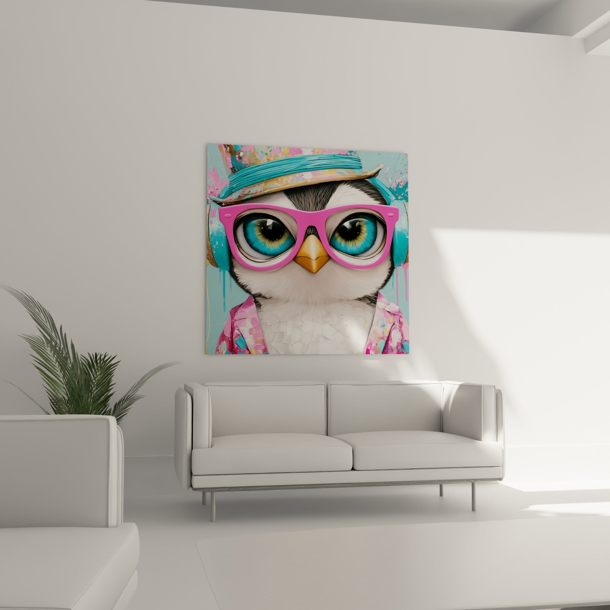 Chapeau doré et regard bleu intense de ce pingouin coloré, disposé au-dessus d'un canapé dans un salon lumineux