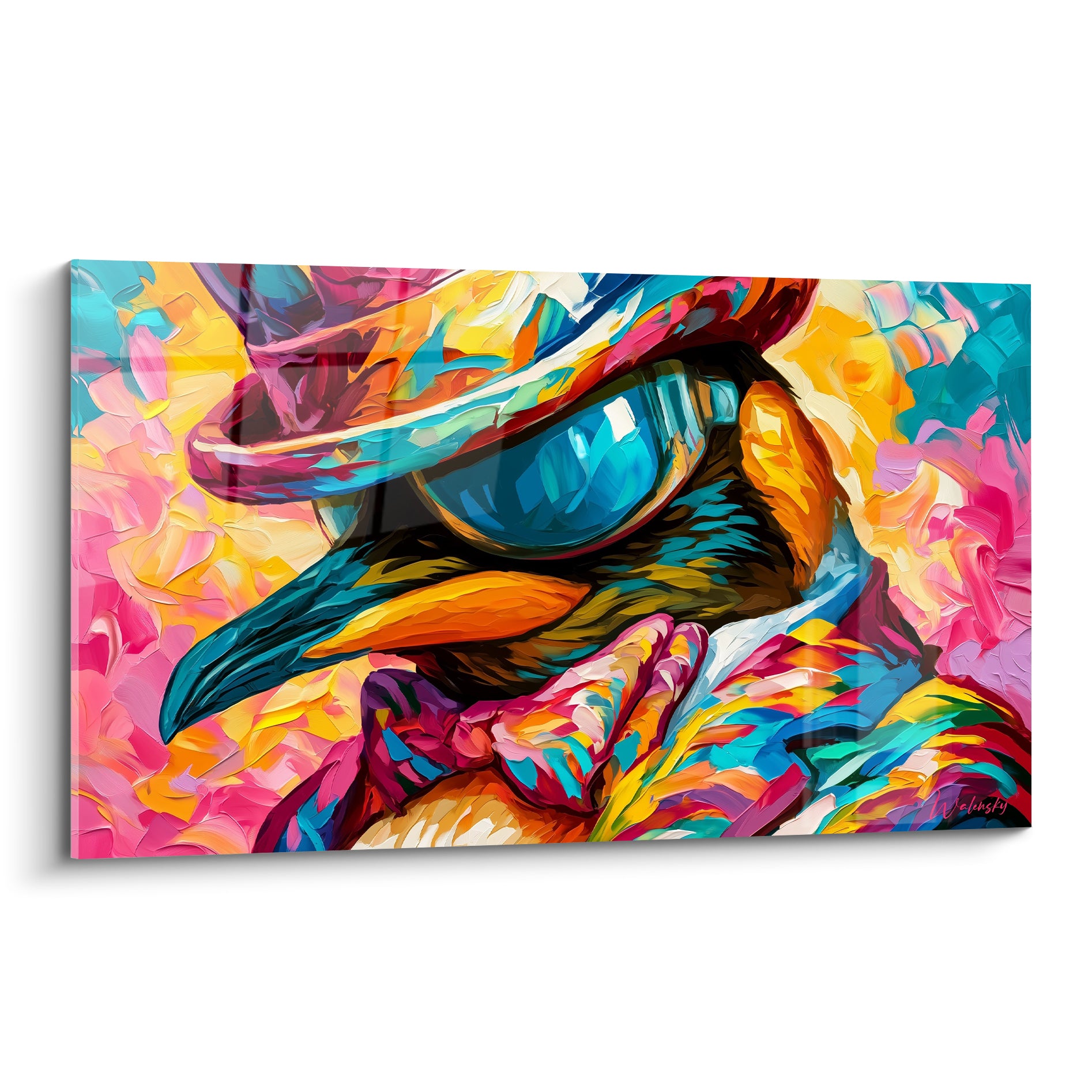 Pingouin au chapeau turquoise et lunettes bleu vif, bec orange, fond rose et doré éclatant