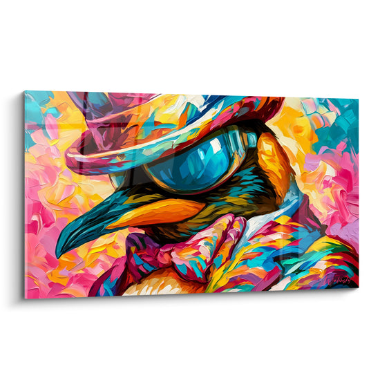 Pingouin au chapeau turquoise et lunettes bleu vif, bec orange, fond rose et doré éclatant