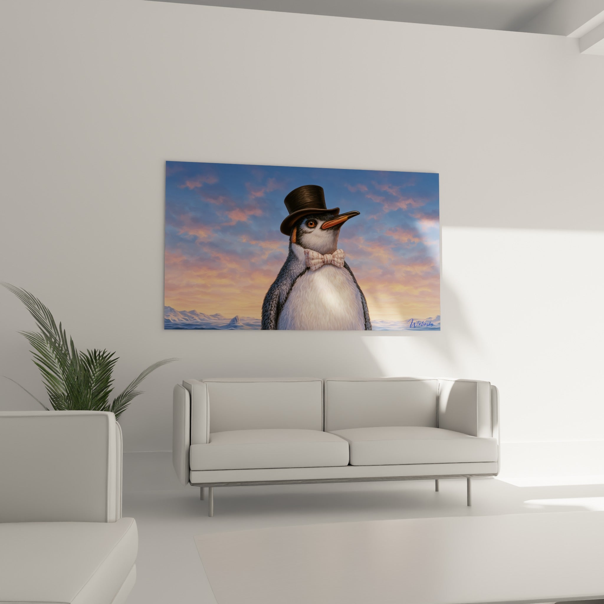 Silhouette de pingouin coiffé d'un chapeau noir, coucher de soleil orangé, au-dessus d'un canapé dans un salon lumineux