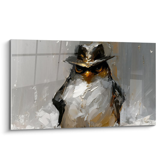 Pingouin au chapeau noir, regard perçant, empâtements dorés et gris sur fond anthracite