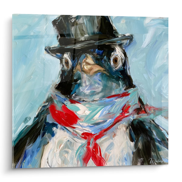 Tableau Pingouin en haut-de-forme noir et écharpe rouge - Allure hivernale - Edition Pingouin