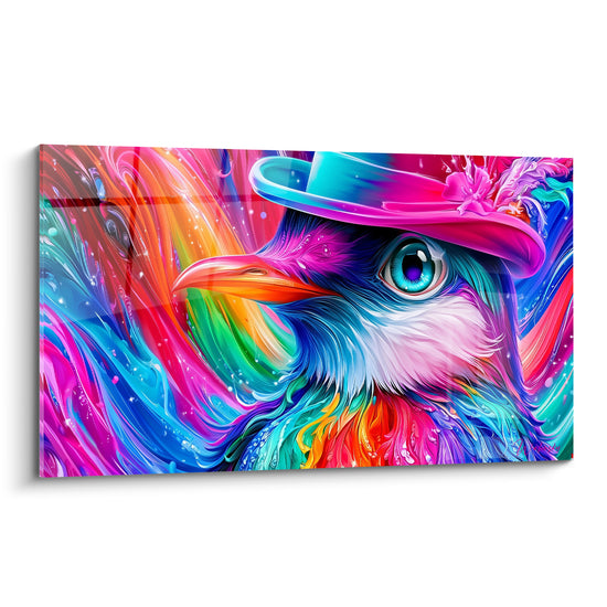 Pingouin au chapeau rose et turquoise, plumage psychédélique aux vagues bleues et fuchsia