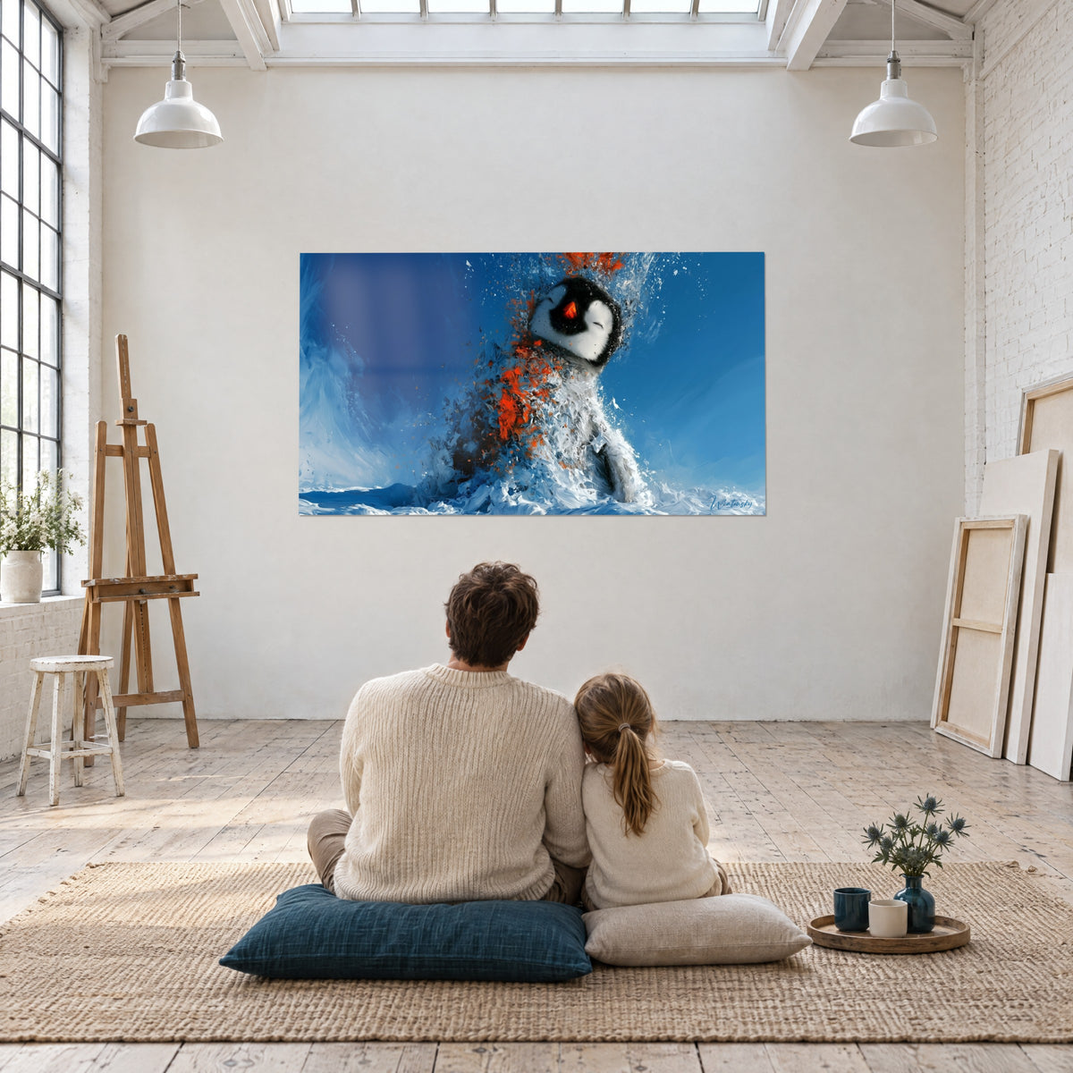 Tableau petit manchot éclaté en touches orange et blanches sur fond bleu vif, contemplé par un père et sa fille de dos dans un atelier d'artiste