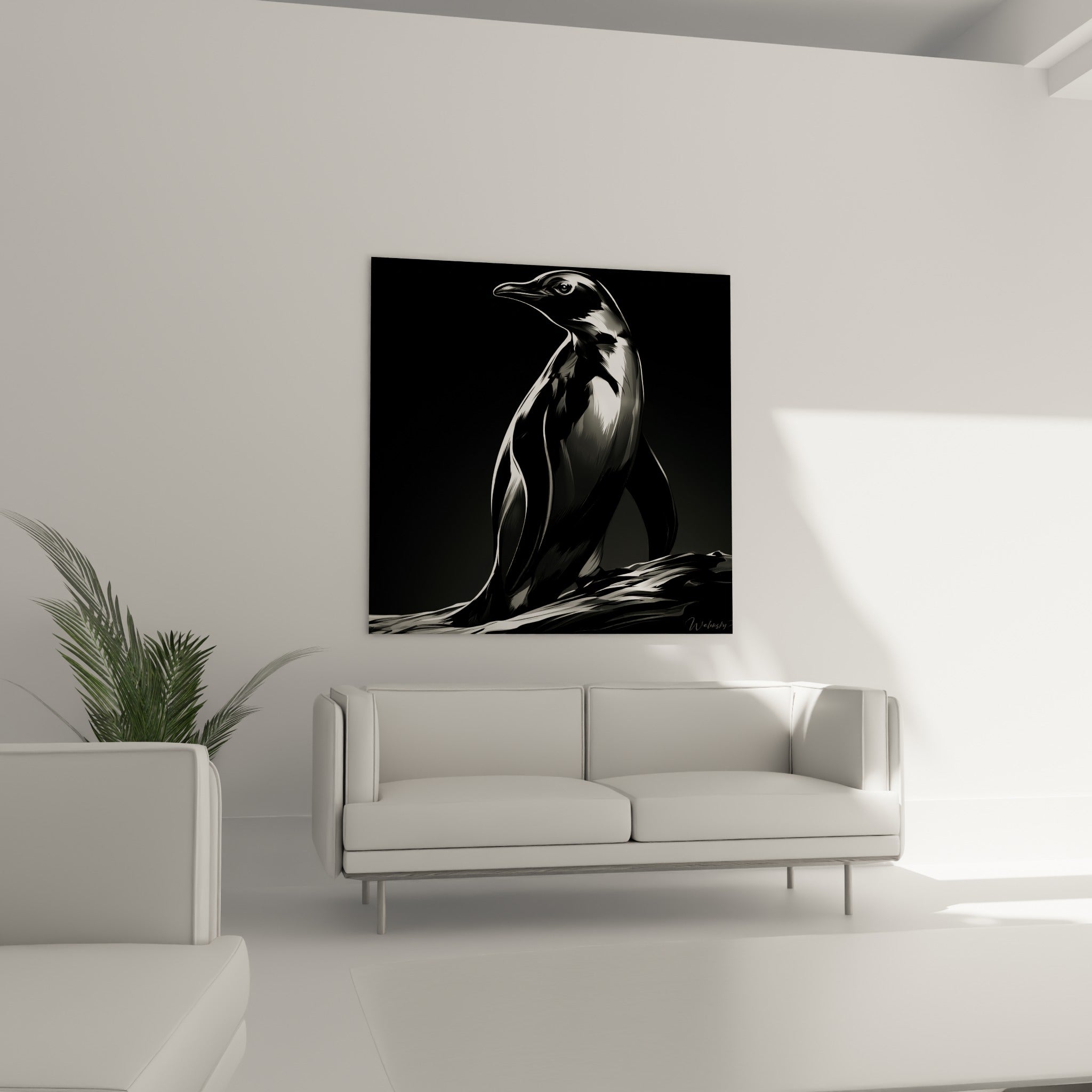 Portrait graphique d'un pingouin noir et gris fumé, regard tourné vers l'horizon, au-dessus d'un canapé dans un salon lumineux