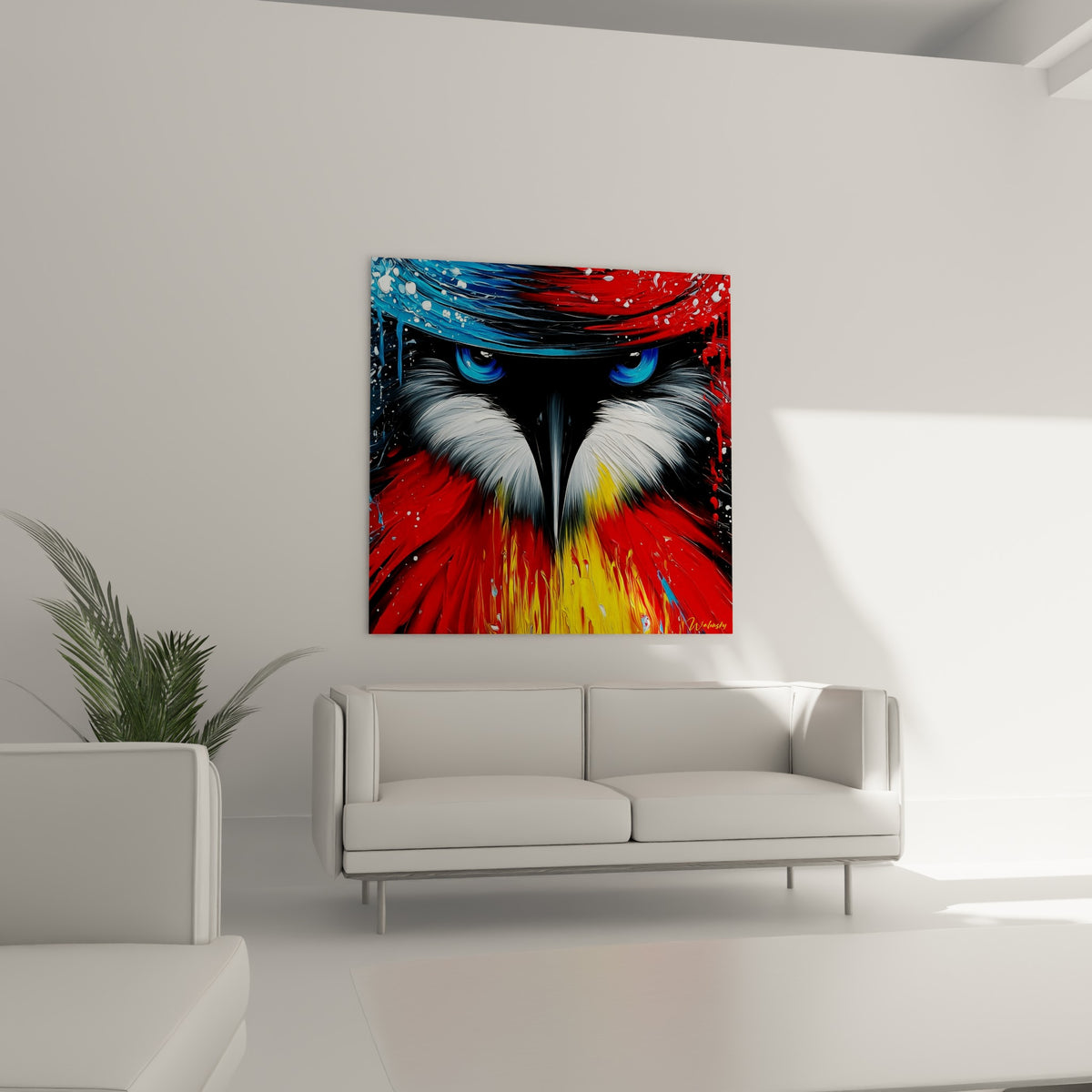 Contraste noir et rouge du portrait de Pingouin suspendu au-dessus d'un canapé dans un salon lumineux.