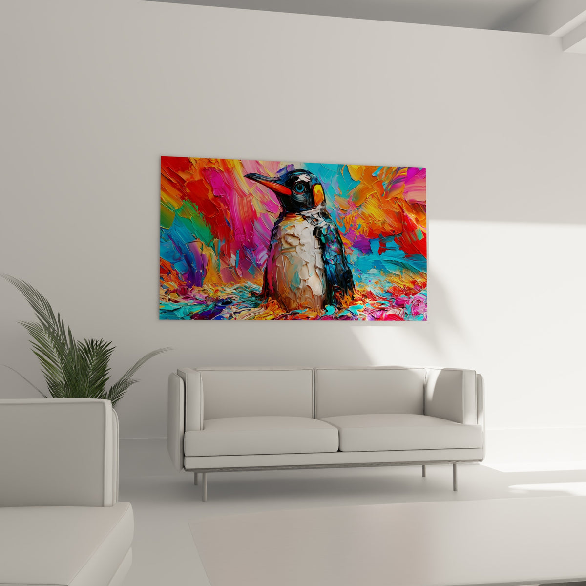Petit pingouin entouré de touches fauves et bleu turquoise, accroché au-dessus d'un canapé dans un salon lumineux