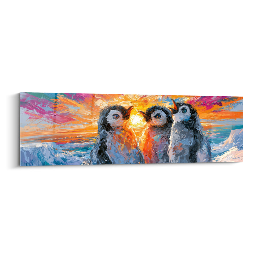 Tableau Trois pingouins face au soleil orangé - Regards vers l'horizon - Edition Pingouin