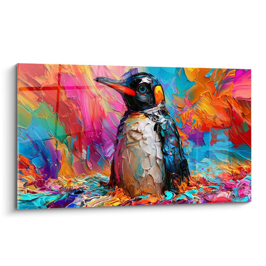 Pingouin noir et blanc peint aux empâtements turquoise, rose et orange sur fond abstrait éclaté