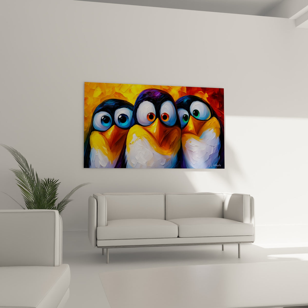Bec orange et plumage bleu marine des pingouins peints, au-dessus d'un canapé dans un salon lumineux