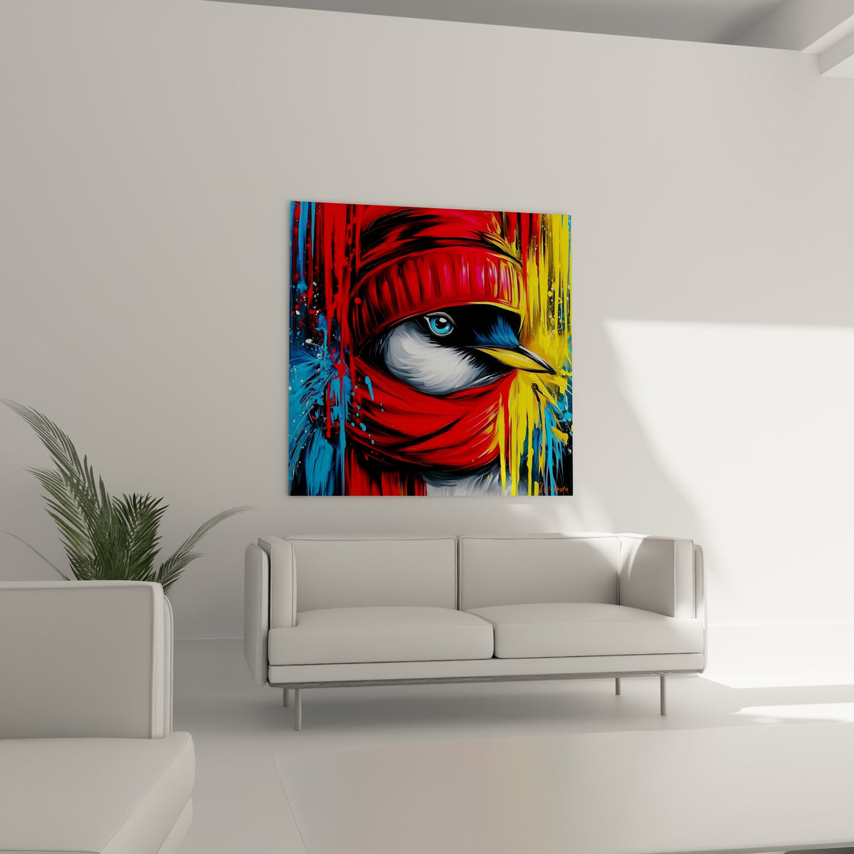 Pingouin au regard bleu perçant, bonnet et écharpe rouges, coulures jaunes, au-dessus d'un canapé dans un salon lumineux
