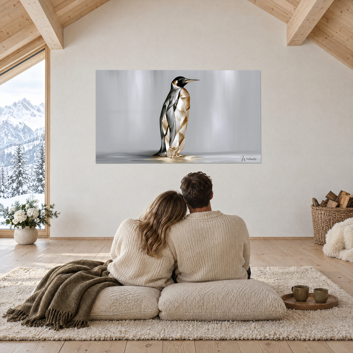 Tableau oiseau antarctique stylisé en plans d'or pâle et d'argent sur fond gris lumineux, contemplé par un couple assis au chalet