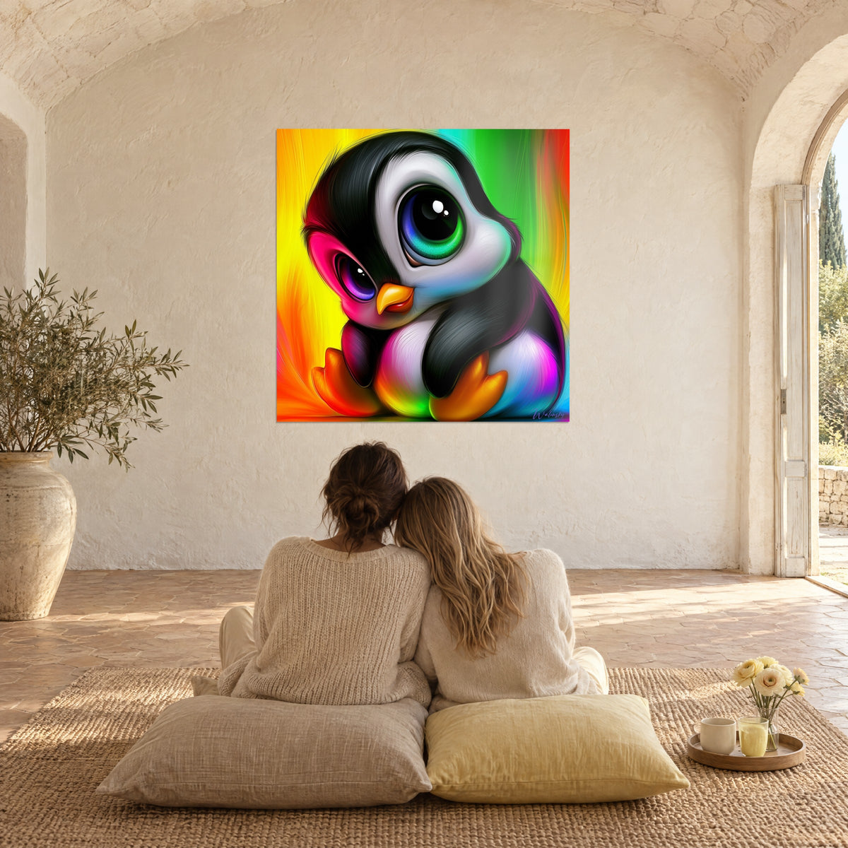 Tableau pingouin câlin aux grands yeux brillants, dégradé rouge, jaune et vert, regardé par un couple de dos assis sur des coussins beiges, mas provençal