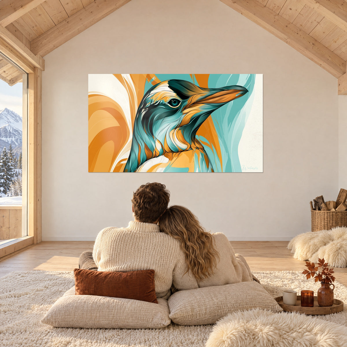Wall art of a turquoise and orange penguin in broad swirls, almond-shaped dark eye, wooden roof slope, a couple gazing at it in contemplation