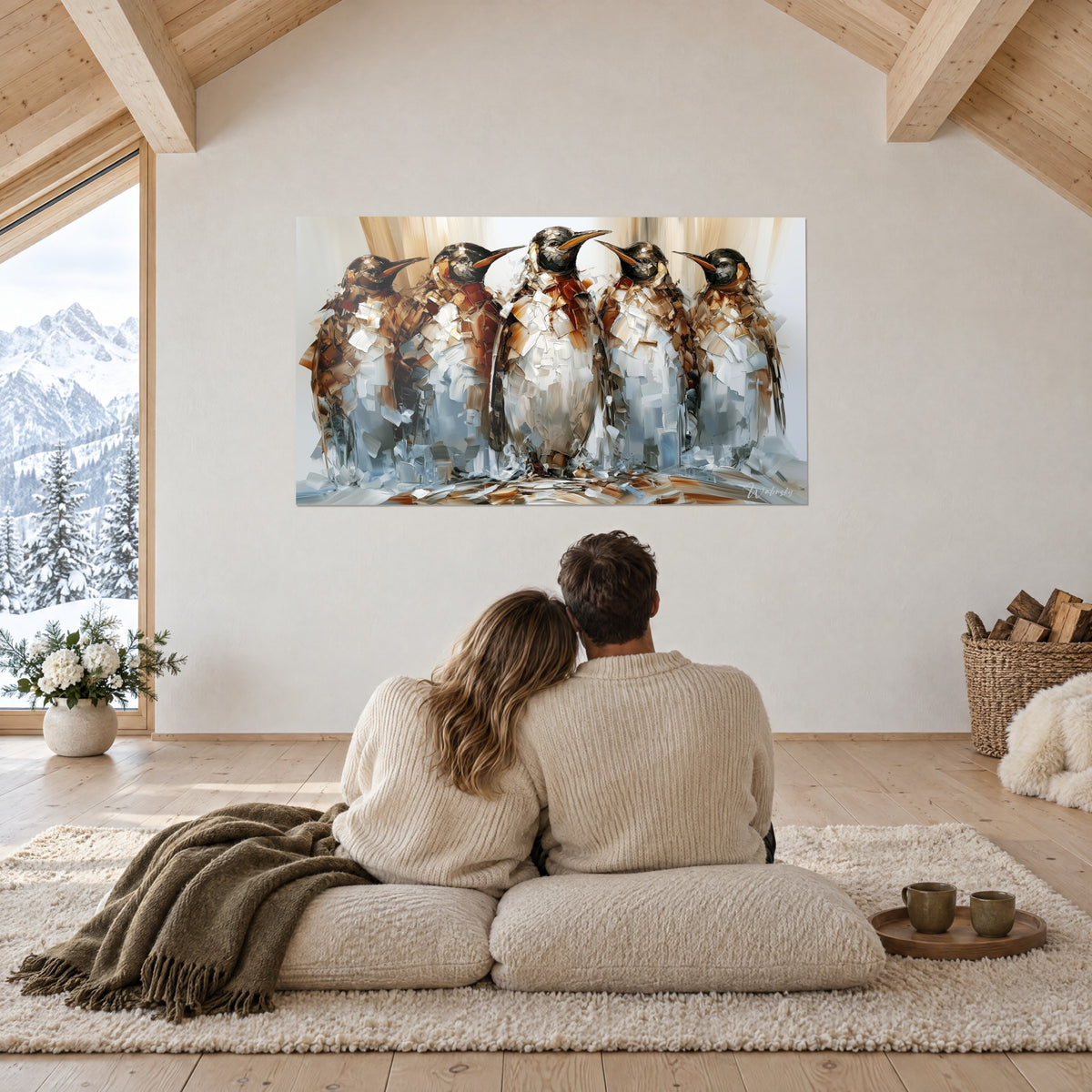 Tableau famille de manchots empâtés, ocre brûlé et gris bleuté, couple de dos sur coussins, grande baie neigeuse