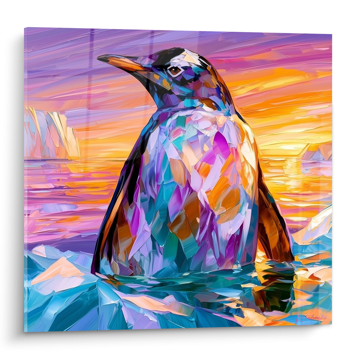 Pingouin aux plumes violettes et dorées façon cristal, debout sur la banquise au crépuscule orangé