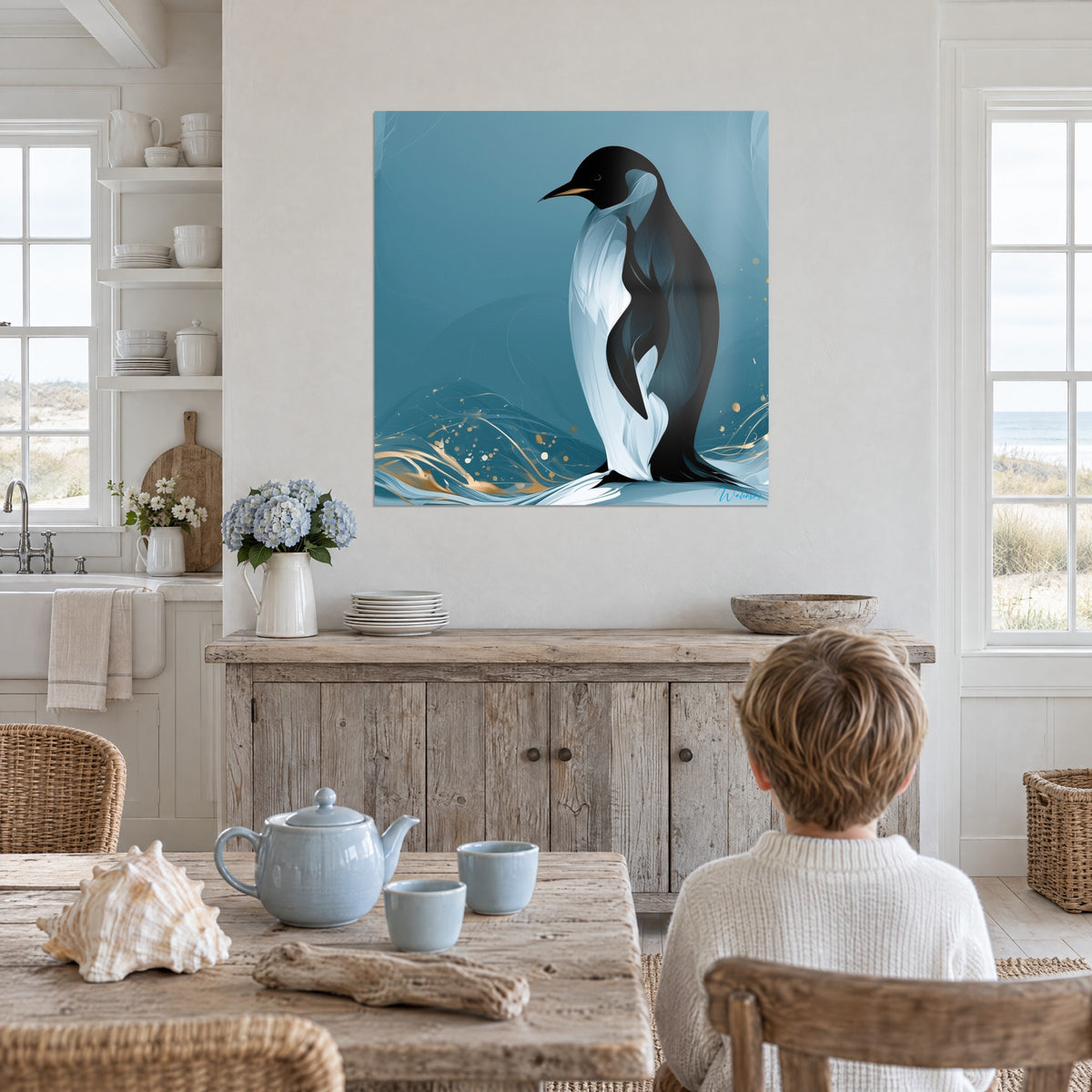 Tableau silhouette de pingouin élancée, ventre blanc nacré et ailes noires, vagues ocre en bas, face à un enfant de dos en cuisine