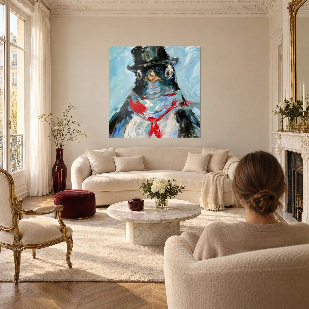 Tableau manchot dandy au chapeau noir, écharpe rouge sur fond bleu ciel, empâtements vifs, au-dessus d'un canapé dans un salon lumineux