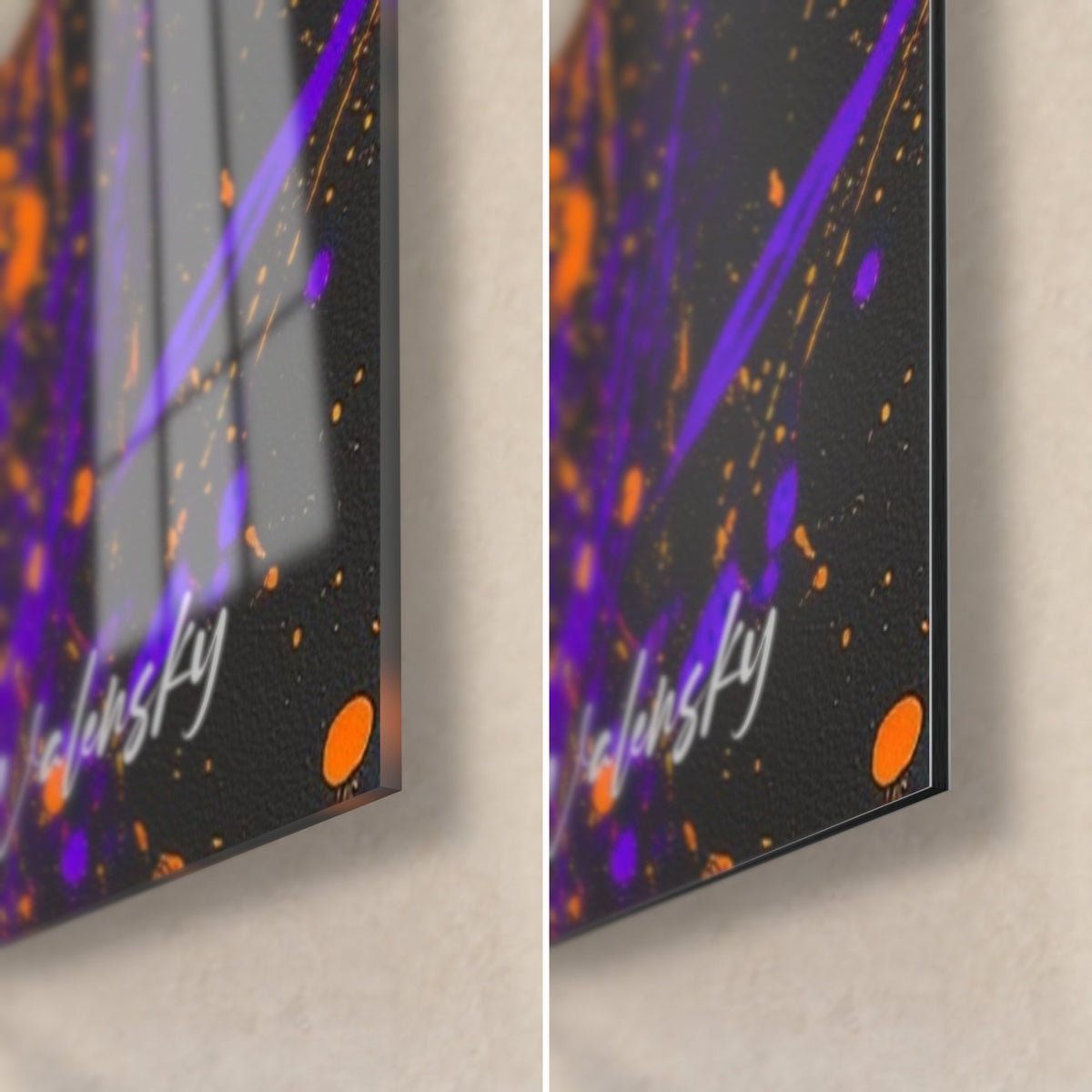 Quadro di pinguino con schizzi viola e arancioni, angolo in basso a destra, vetro acrilico lucido a sinistra, alluminio Dibond opaco a destra, spessore 3 mm