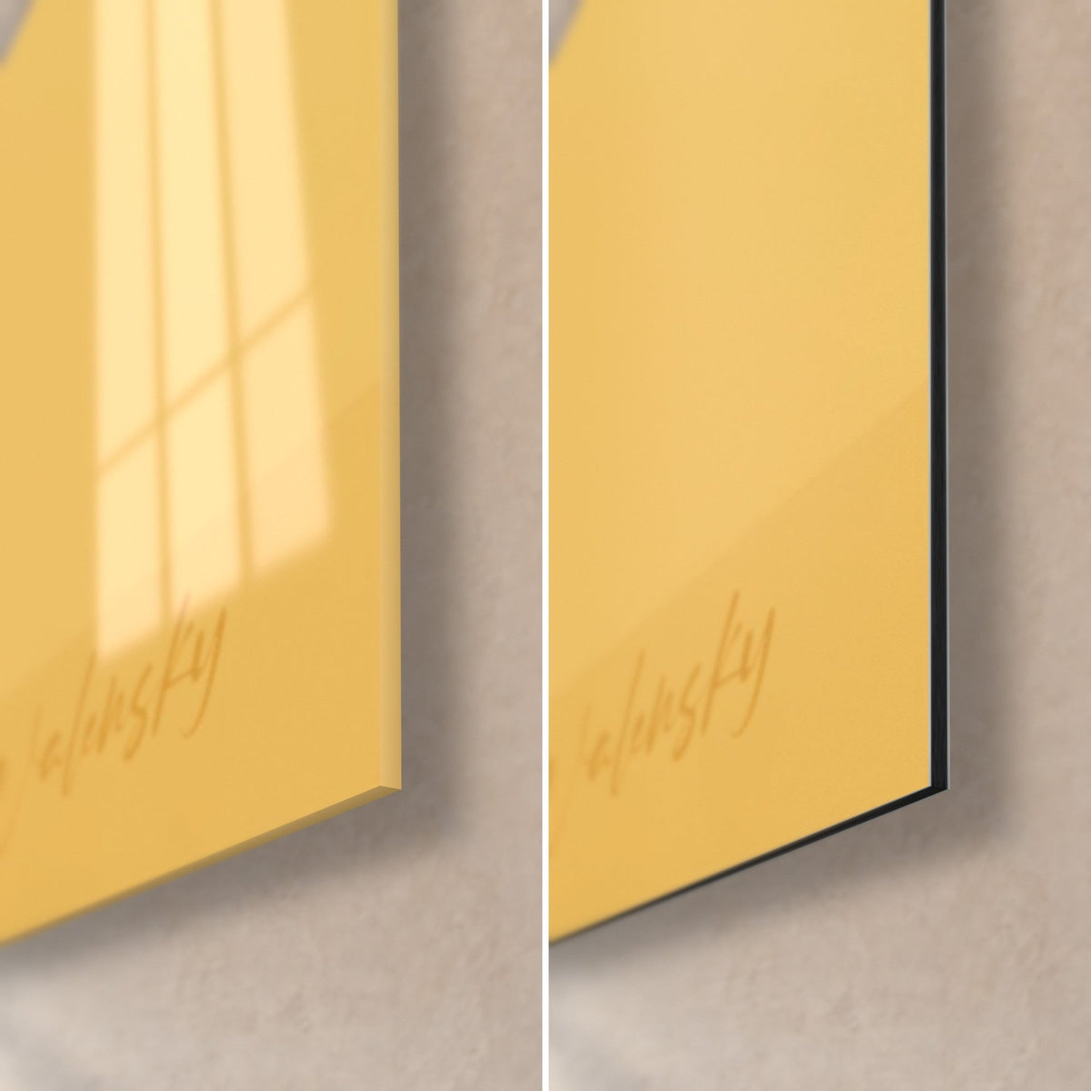 Cuadro pingüino gráfico, firma Walensky en ocre sobre dorado, esquina inferior derecha: cristal acrílico brillante y aluminio Dibond negro mate