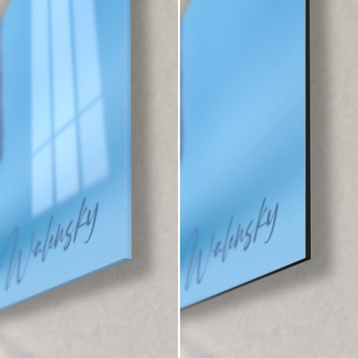Tableau oiseau polaire bleu et blanc, coin bas droit : verre acrylique brillant à gauche, alu Dibond mat à droite, tranche 3 mm