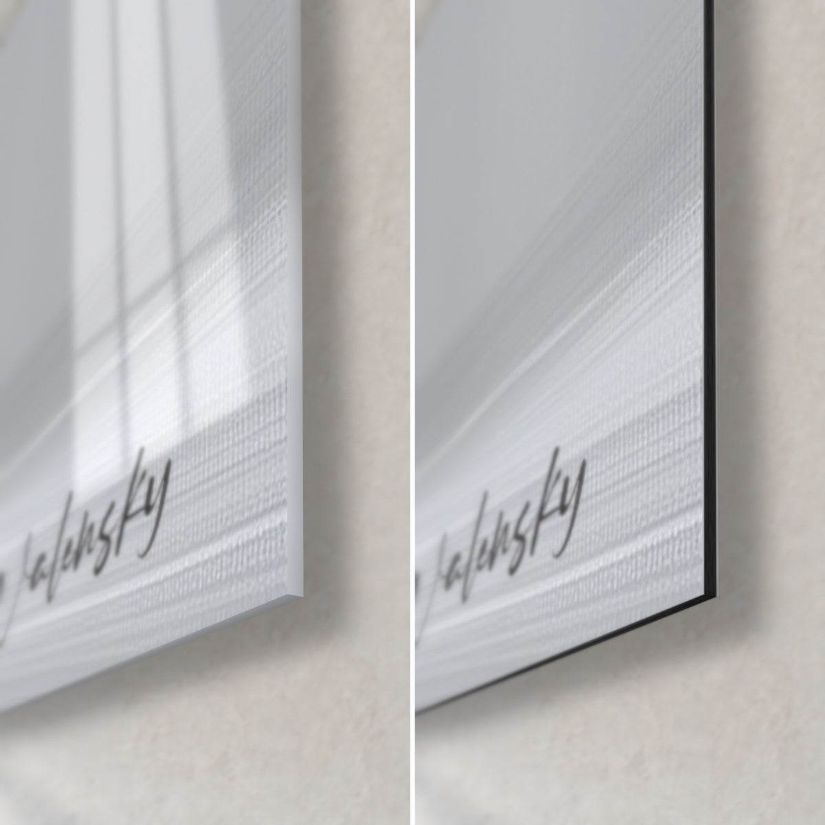 Tableau oiseau polaire facetté, coin bas droit : verre acrylique brillant à reflets à gauche, Dibond gris mat et tranche noire de 3 mm à droite