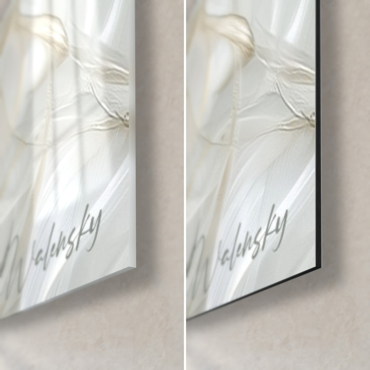 Gemälde Silbervogel, untere rechte Ecke: glänzendes Acrylglas links, mattes schwarzes Dibond rechts, Signatur Walensky