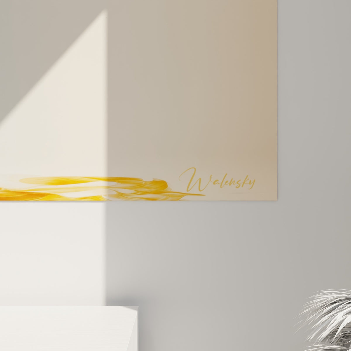 Détail du Pingouin doré : matière fluide, empâtements bleu pétrole et coulures ocre se mêlant sur la toile.